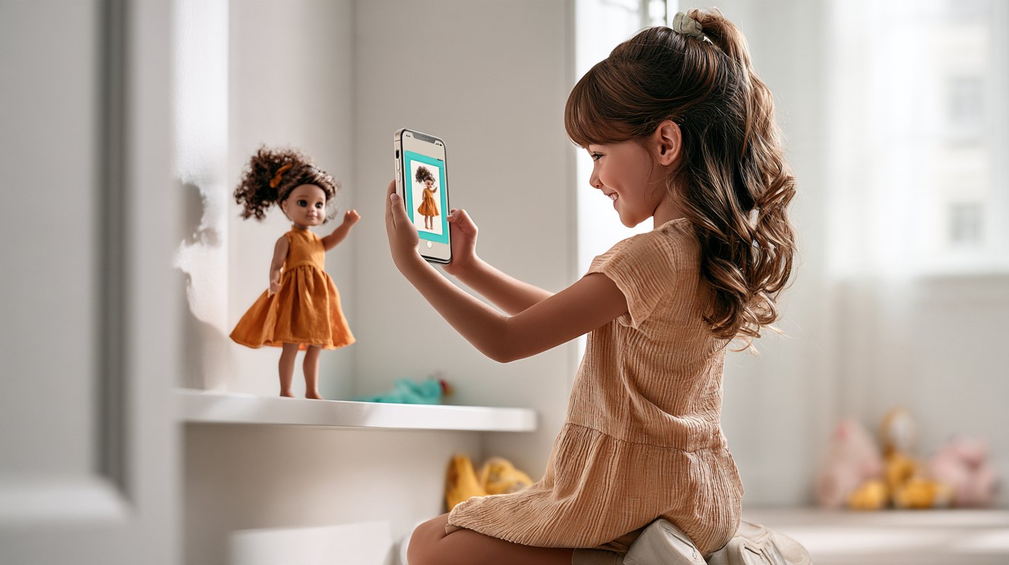 A smiling girl scans her doll in an orange dress with a phone; the doll appears on the screen in a turquoise frame