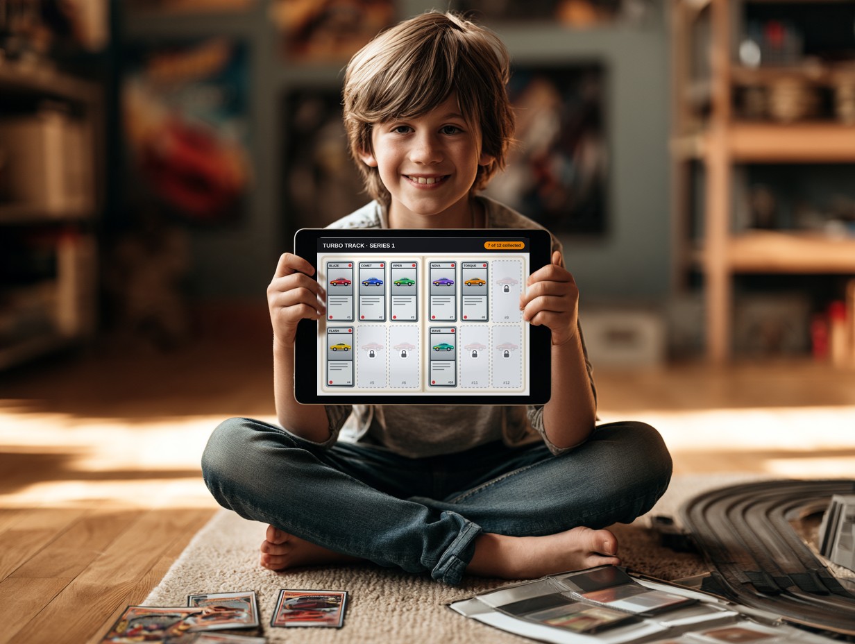 A smiling boy sits on his bedroom rug holding up a tablet showing his Turbo Track race-car digital album: seven cards collected, five still locked
