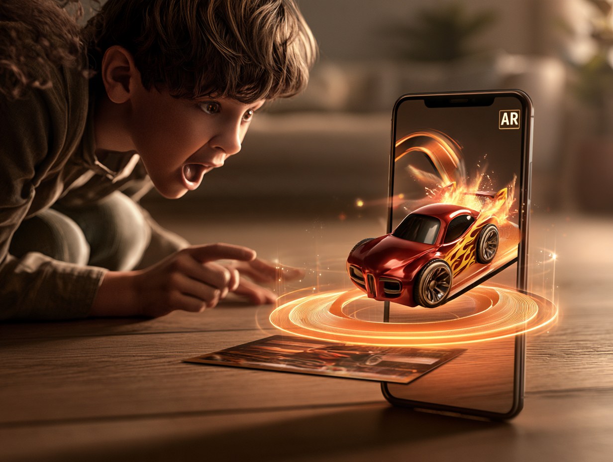 An amazed boy watches through his phone as a red race car bursts out of the trading card in augmented reality, ringed by glowing orange light