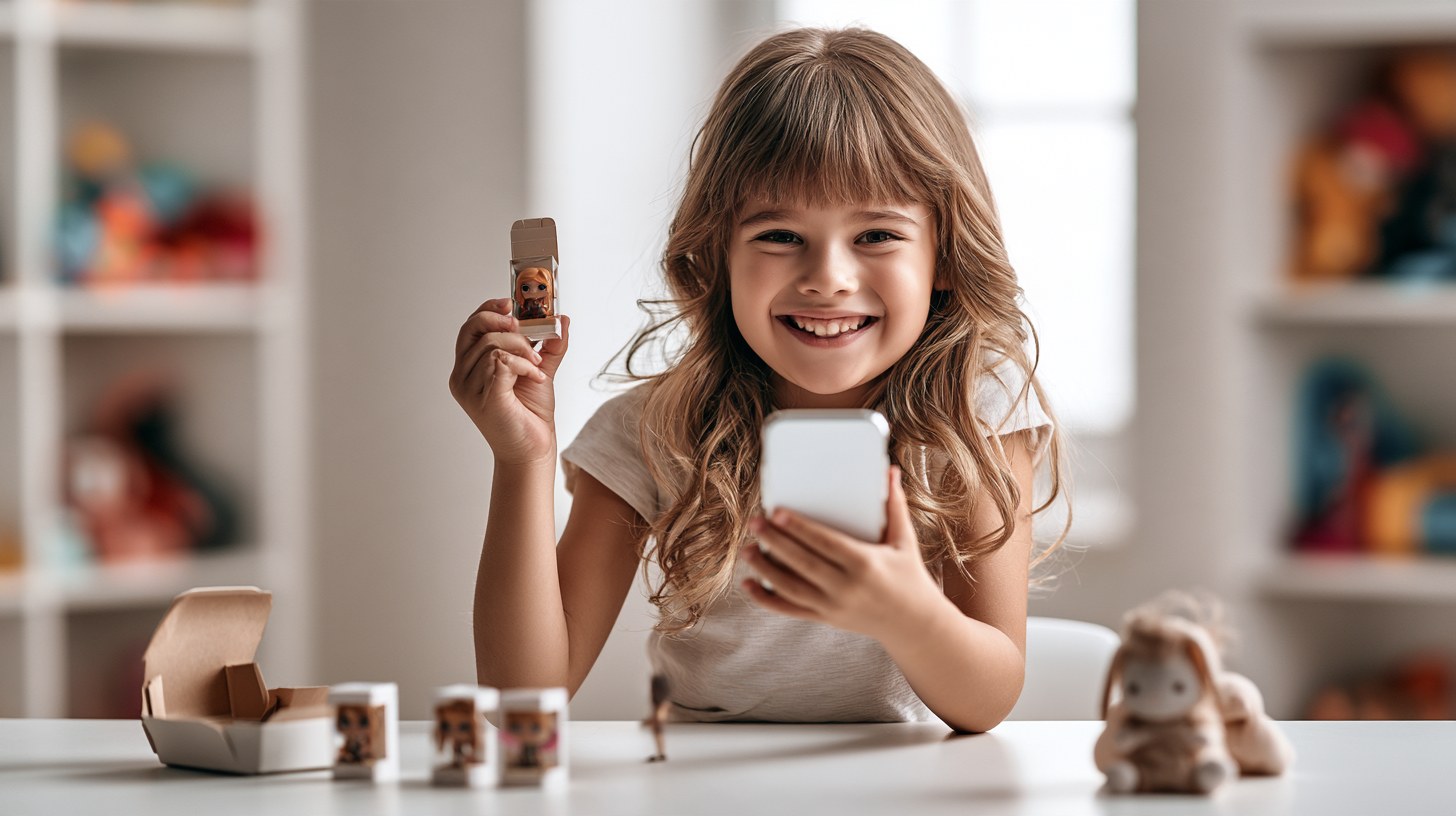A smiling girl holds up a mini collectible figure from a blind box next to her phone, with the rest of the series on the table