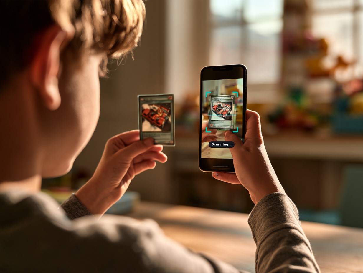 Over a boy's shoulder: he holds a race-car trading card in one hand and scans it with his phone in the other; the card appears on the screen inside a turquoise scan frame