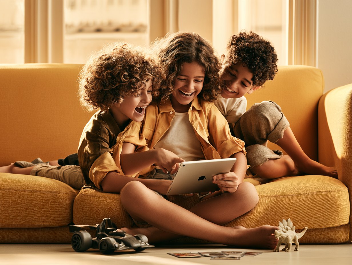 Three kids laugh together on a yellow sofa over their collection on a tablet, a race car, a dinosaur and cards on the floor