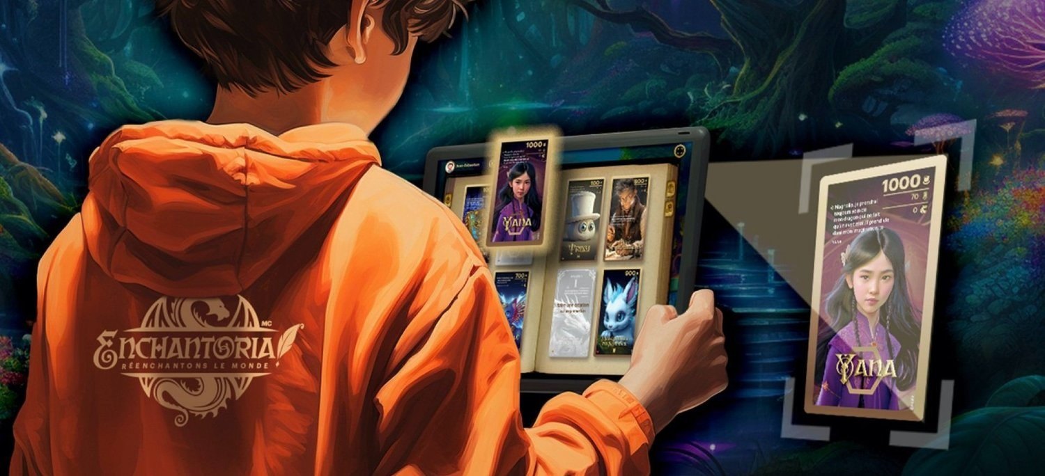 A collector in an orange Enchantoria hoodie scans a card on a tablet