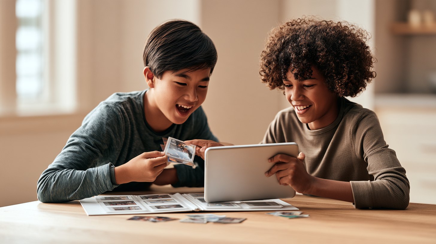 Two boys laugh as they scan a sports card with a tablet, their card binder open on the table