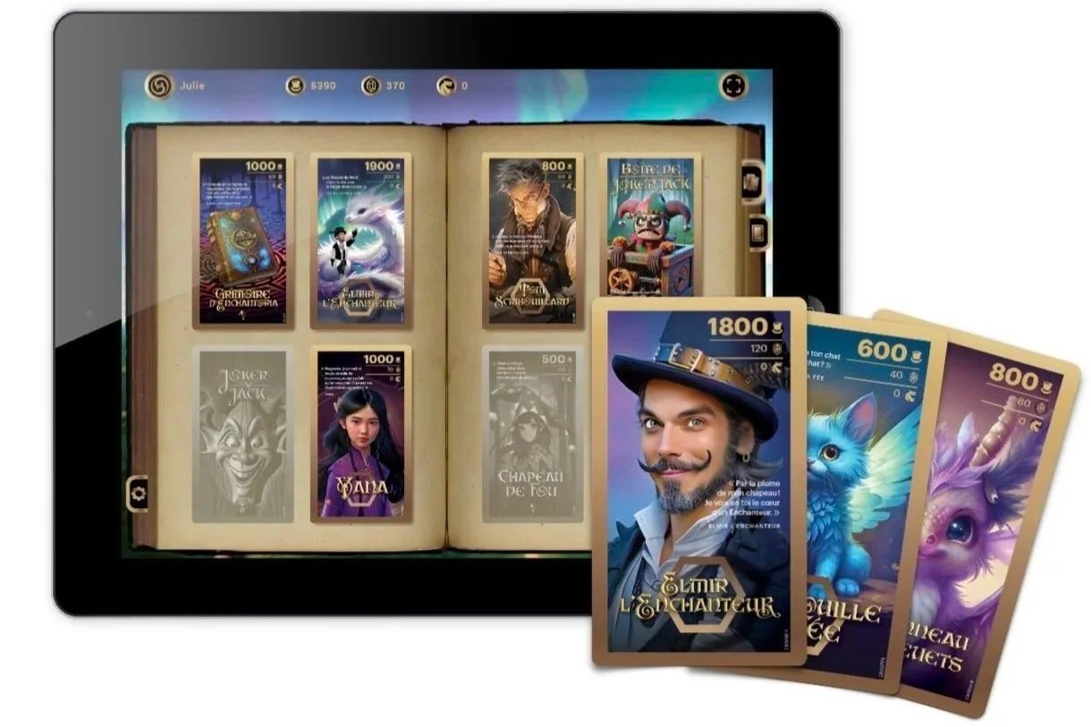 A branded digital album on a tablet, with physical cards beside it