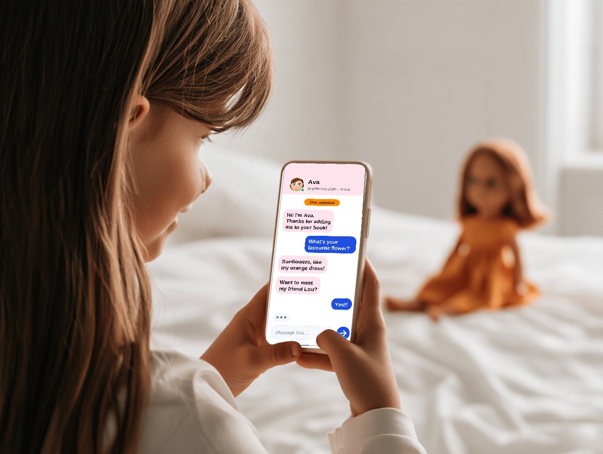 Over a girl's shoulder: she chats with her doll Ava on her phone while the doll in an orange dress sits on the bed in front of her